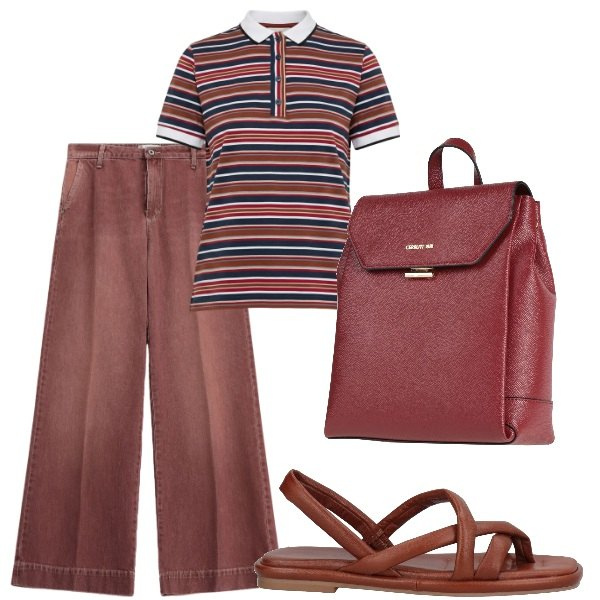 Outfit donna - Pensando a settembre. Stile Casual per Tutti i giorni. Abbinamento con ciabatte, zaini, polo, jeans.