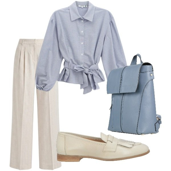Outfit donna - Serata tra amici. Stile Casual chic per Serata fuori. Abbinamento con zaini, mocassini, pantaloni, camicie.