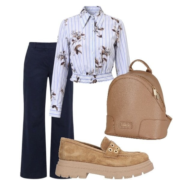Outfit donna - Serata tra amici. Stile Casual per Tutti i giorni. Abbinamento con zaini, mocassini, pantaloni, camicie.