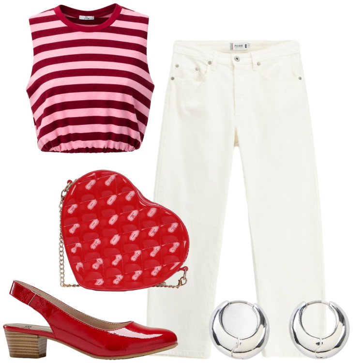 Outfit donna - Qualcosa di rosso. Stile Casual chic per Tutti i giorni. Abbinamento con décolleté, orecchini, borse a tracolla, top, pantaloni.