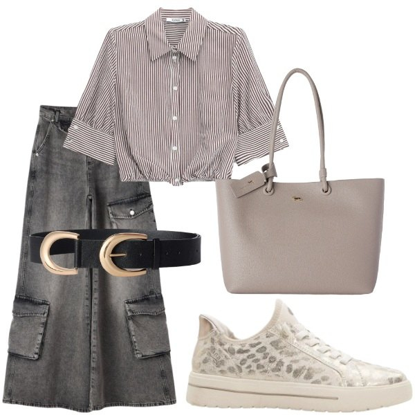 Outfit donna - Pensando a settembre. Stile Casual chic per Tutti i giorni. Abbinamento con sneakers, shopping bag, cinture, jeans, camicie a manica corta.