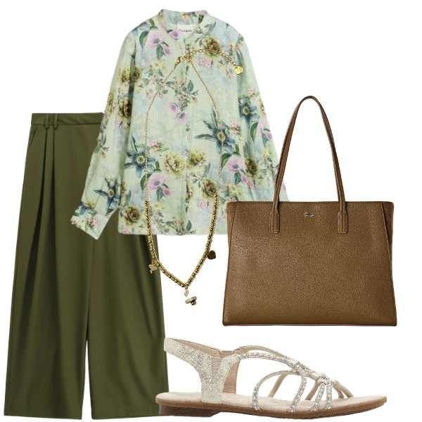 Outfit donna - Pensando a settembre. Stile Casual chic per Tutti i giorni. Abbinamento con bluse, sandali, shopping bag, pantaloni a palazzo, ciondoli.