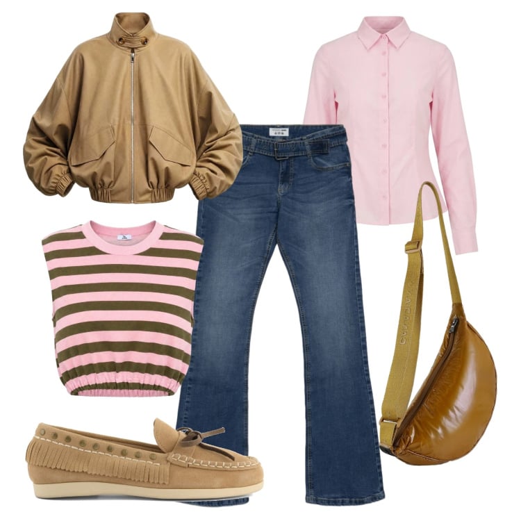 Outfit donna - Università. Stile Casual per Scuola/Università. Abbinamento con jeans a zampa, top, bomber, borse a tracolla, camicie, mocassini.