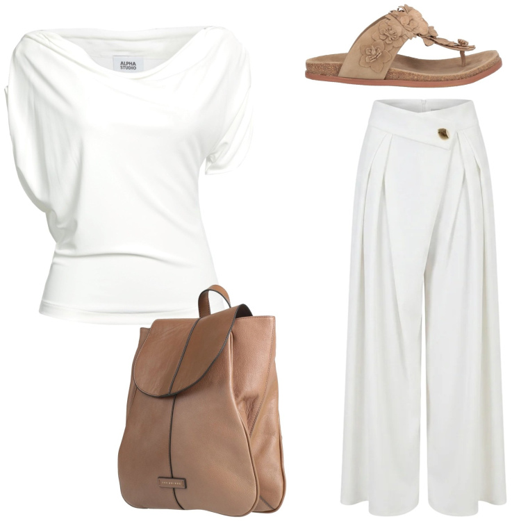 Outfit donna - In città. Stile Casual chic per Tutti i giorni. Abbinamento con top, zaini, infradito, pantaloni a palazzo.
