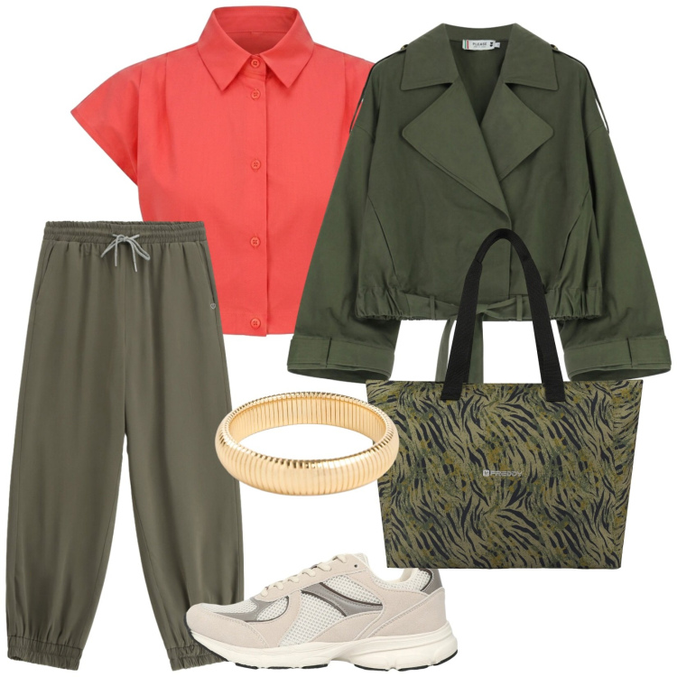 Outfit donna - Passeggiate settembrine. per Tutti i giorni. Abbinamento con braccialetti, sneakers, camicie a manica corta, parka, pantaloni, shopping bag.