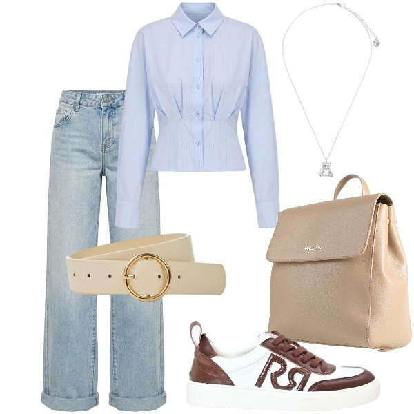 Outfit donna - Pensando a settembre. Stile Casual chic per Tutti i giorni. Abbinamento con zaini, cinture, camicie, sneakers, ciondoli, jeans.