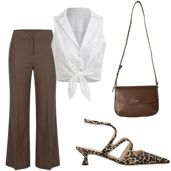 Outfit donna - Serata tra amici. Stile Casual chic per Tutti i giorni. Abbinamento con décolleté, borse a tracolla, top, pantaloni.