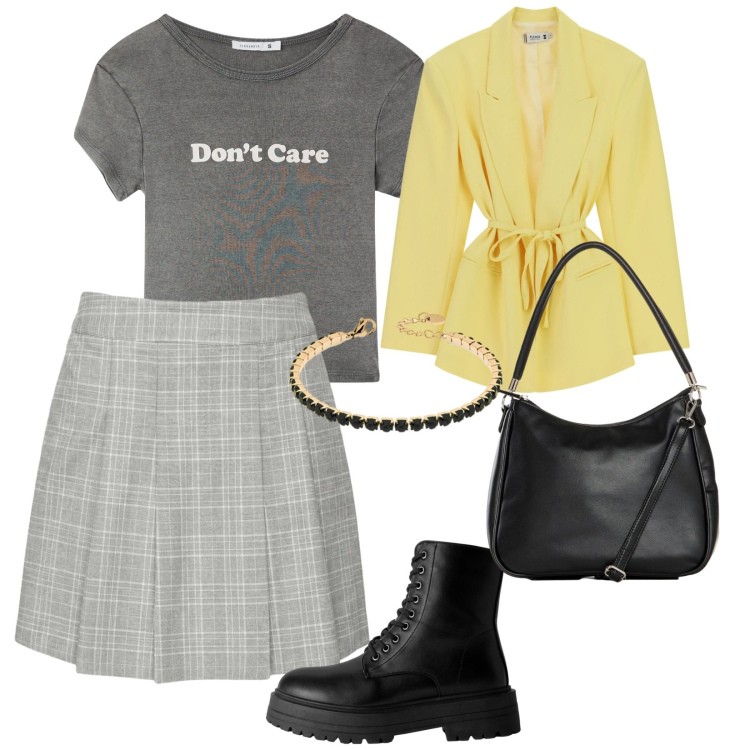 Outfit donna - In uscita. per Serata fuori. Abbinamento con borse a mano, anfibi, t-shirt, minigonne, blazer, braccialetti.