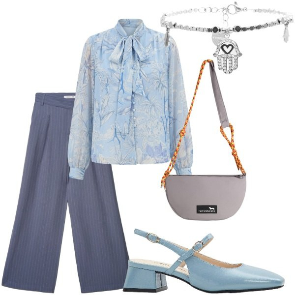 Outfit donna - Compleanno in villa. Stile Casual chic per Serata fuori. Abbinamento con décolleté, borse a tracolla, pantaloni, bluse, braccialetti.