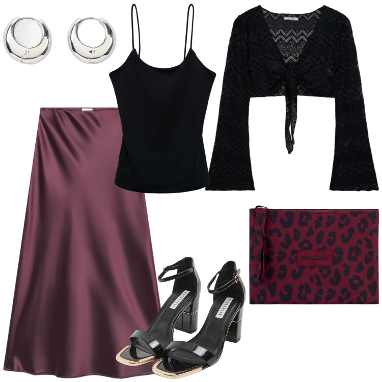 Outfit donna - Grande festa. per Serata fuori. Abbinamento con orecchini, canottiere, top, sabot, gonne lunghe, clutch.