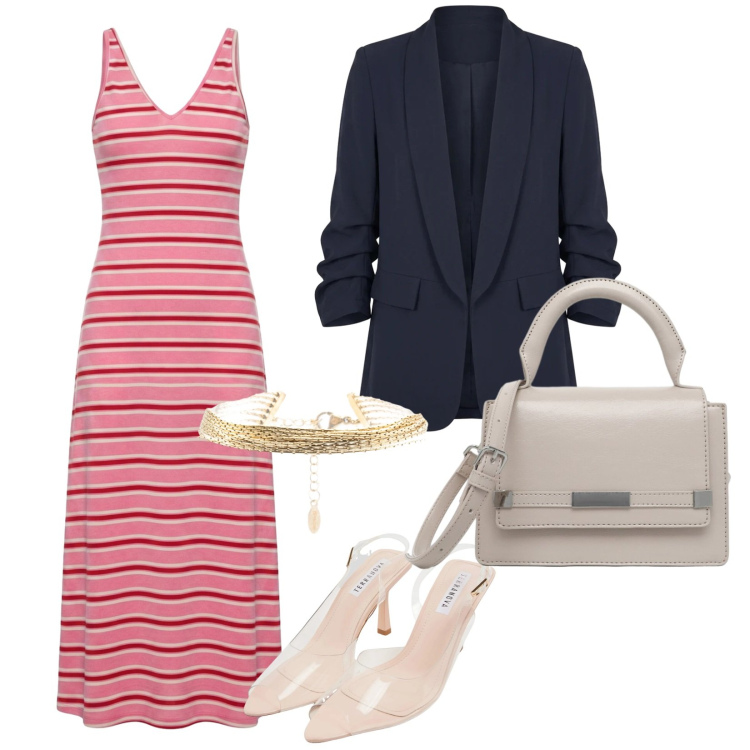 Outfit donna - Metti una giacca. per Tutti i giorni. Abbinamento con sandali col tacco, borse a tracolla, vestiti lunghi, braccialetti, blazer.