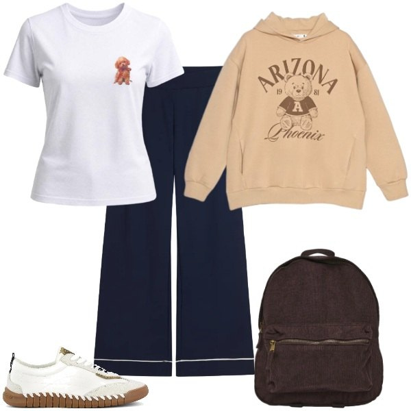 Outfit donna - Total look #2460630. Stile Preppy per Scuola/Università. Abbinamento con zaini, felpe con cappuccio, t-shirt, pantaloni, sneakers.