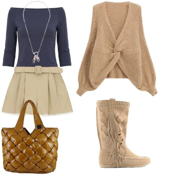 Outfit donna - Total look #2460634. Stile Preppy per Scuola/Università. Abbinamento con cardigans, shorts, ciondoli, borse tote, t-shirt, stivali.