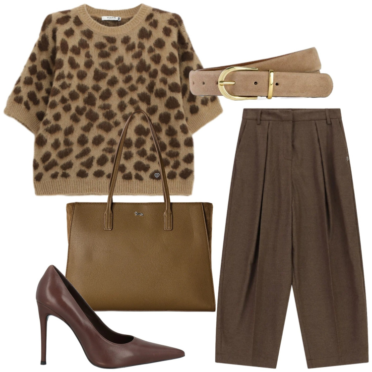 Outfit donna - Total look #2460635. Stile Glamour per Serata fuori. Abbinamento con décolleté, cinture, shopping bag, pantaloni a palazzo, maglieria.