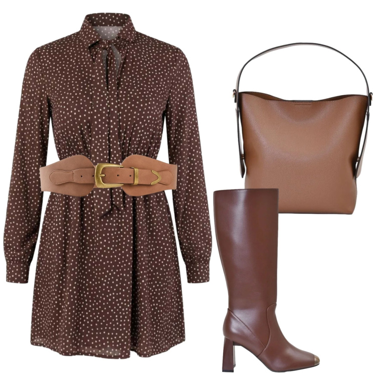 Outfit donna - Total look #2460637. Stile Glamour per Ufficio. Abbinamento con cinture, vestiti corti, stivali sopra il ginocchio, borse a mano.