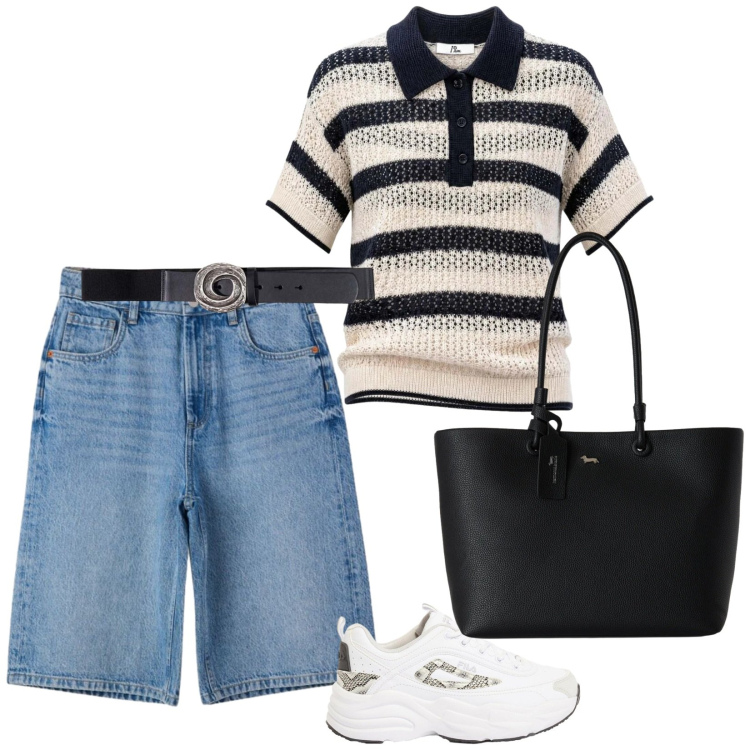 Outfit donna - Urban. per Tutti i giorni. Abbinamento con sneakers, shopping bag, bermuda, polo, cinture.