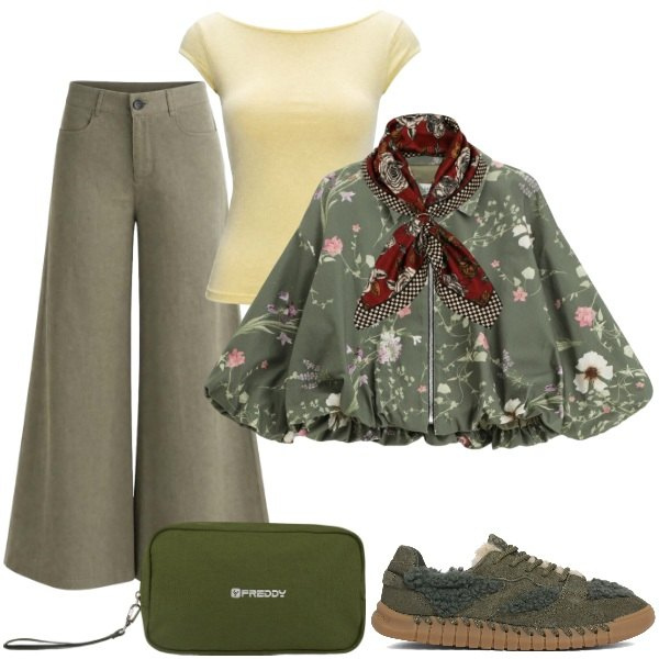 Outfit donna - Total look #2460641. Stile Preppy per Scuola/Università. Abbinamento con top, pantaloni a palazzo, valigie, bomber, foulard, sneakers.