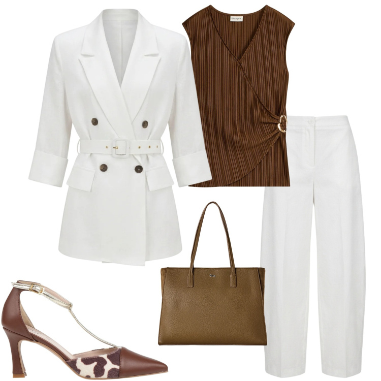 Outfit donna - Il bianco d\'estate. Stile Casual chic per Serata fuori. Abbinamento con décolleté, canottiere, shopping bag, blazer, pantaloni.