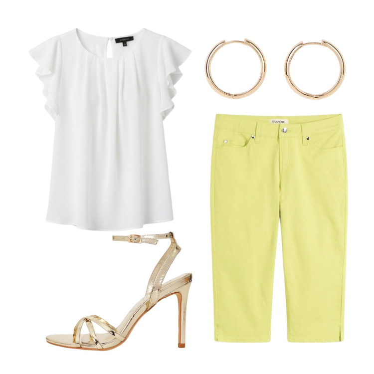 Outfit donna - Luminosa anche di sera. Stile Casual chic per Serata fuori. Abbinamento con orecchini, pantaloni capri, sandali col tacco, top.