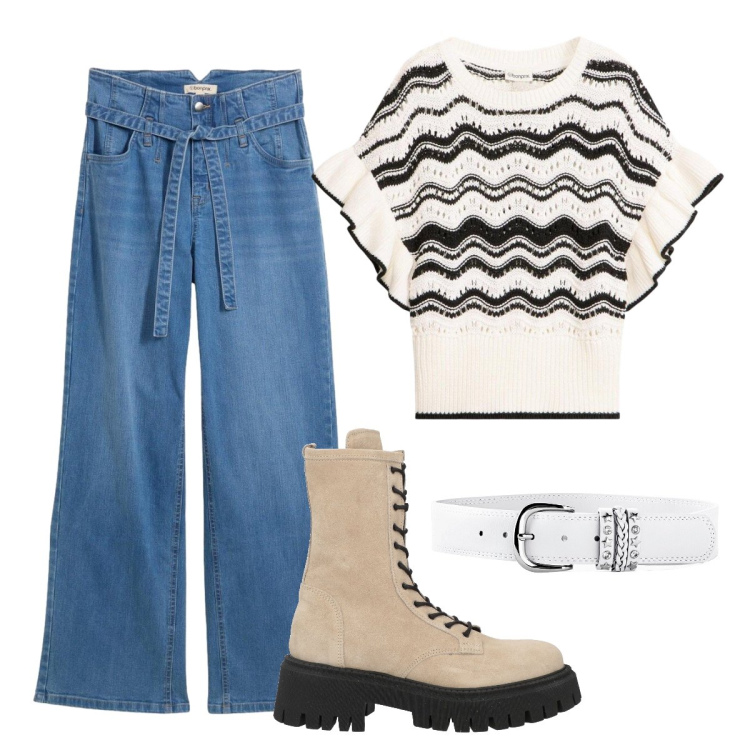 Outfit donna - Fine agosto. Stile Basic per Tutti i giorni. Abbinamento con stivaletti, jeans, cinture, t-shirt.