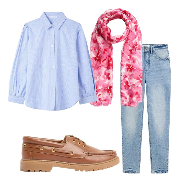 Outfit donna - Pran-ce in centro. Stile Casual per Tutti i giorni. Abbinamento con jeans, mocassini, foulard, camicie.