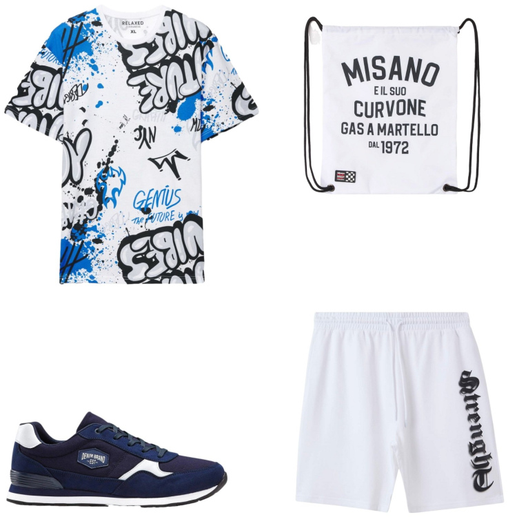 Outfit uomo - Total look #2460667. Stile Trendy per Sport. Abbinamento con sneakers, borse sportive, bermuda, t-shirt.
