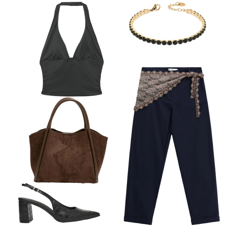 Outfit donna - Total look #2460668. Stile Casual chic per Serata fuori. Abbinamento con décolleté, top, braccialetti, pantaloni, borse a spalla.
