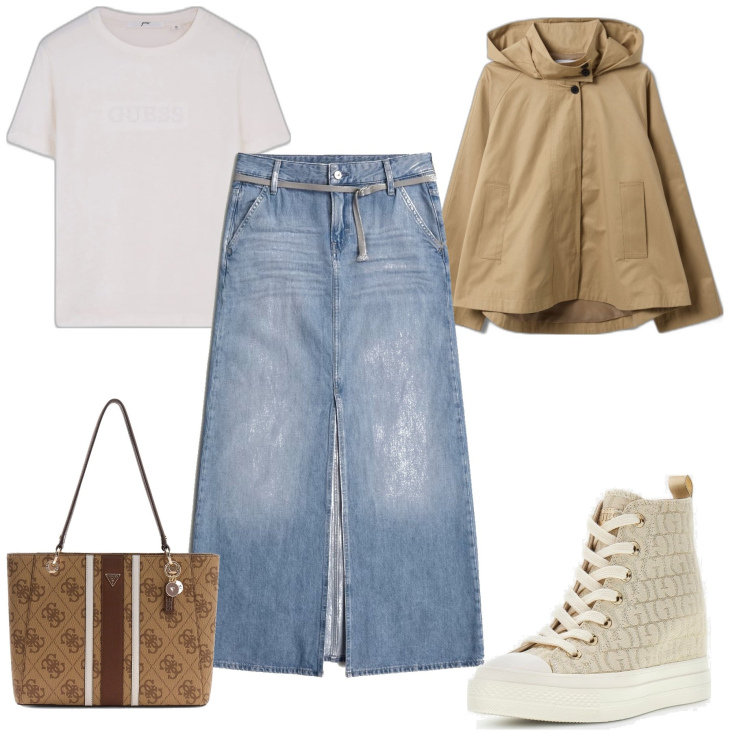 Outfit mujer - Urban. Estilo Casual para Todos los días. Combinación con sneakers, minifaldas, parka, camiseta, bolso shopper.