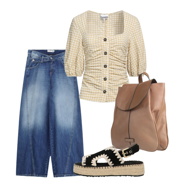 Outfit donna - Agosto. Stile Bon Ton per Scuola/Università. Abbinamento con camicie a manica corta, espadrillas, zaini, jeans.