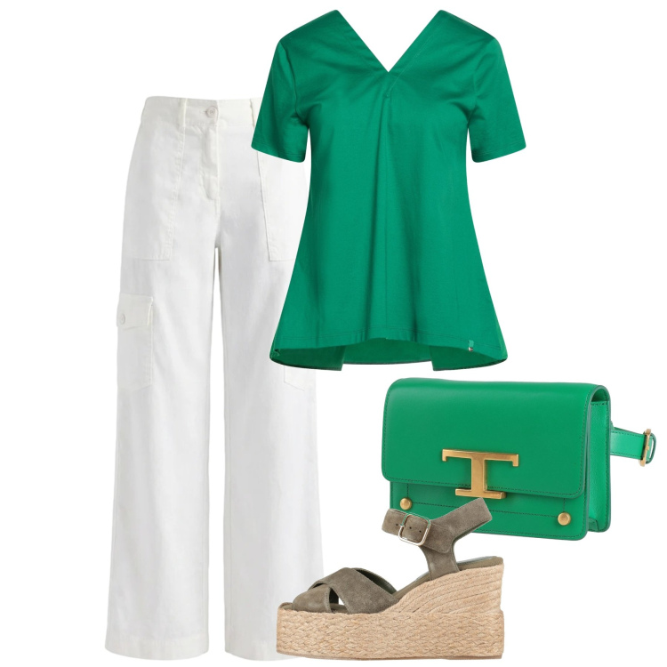 Outfit donna - Agosto. Stile Bon Ton per Tutti i giorni. Abbinamento con t-shirt, marsupi, espadrillas, pantaloni cargo.