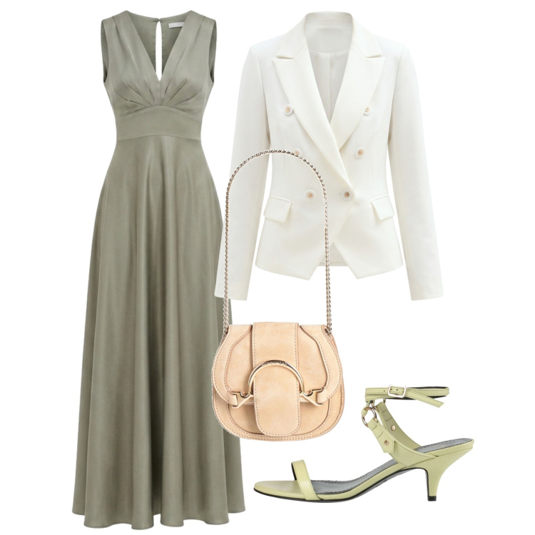 Outfit donna - Agosto. Stile Chic per Cerimonia. Abbinamento con sandali in pelle, marsupi, vestiti lunghi, blazer.