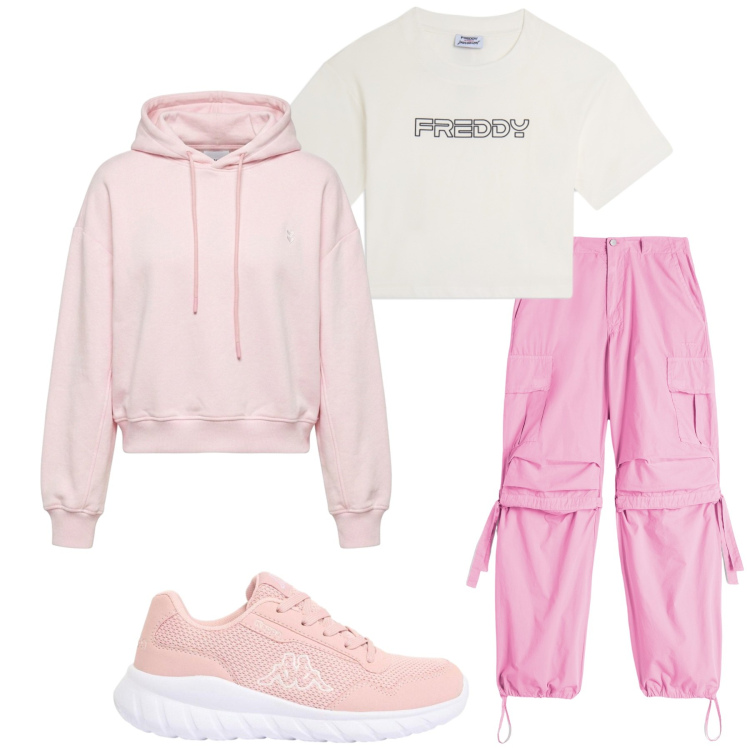 Outfit donna - Total look #2460684. Stile Sporty chic per Sport. Abbinamento con sneakers, felpe con cappuccio, pantaloni cargo, t-shirt.