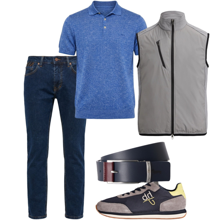 Outfit uomo - Settembre. Stile Casual per Tutti i giorni. Abbinamento con pantaloni, polo, sneakers, cinture, gilet.