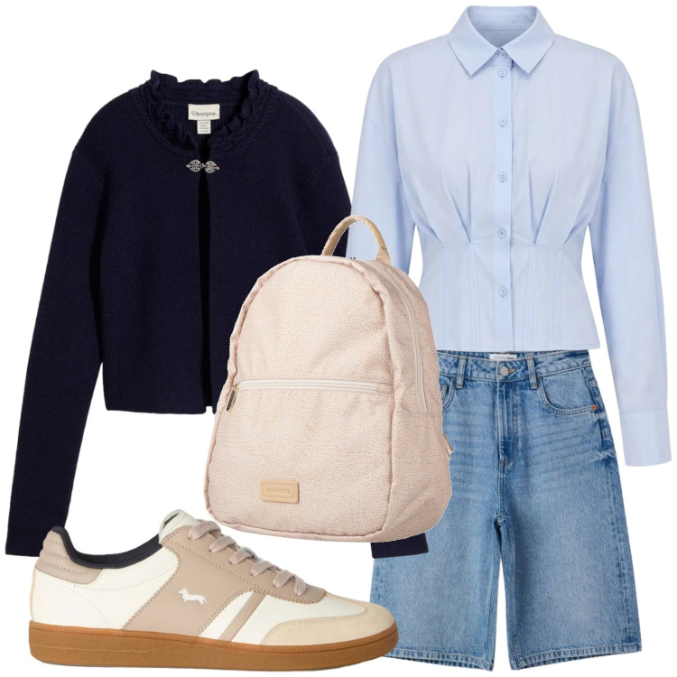 Outfit donna - Fuga in montagna. Stile Minimal per Tutti i giorni. Abbinamento con zaini, cardigans, sneakers, bermuda, camicie.