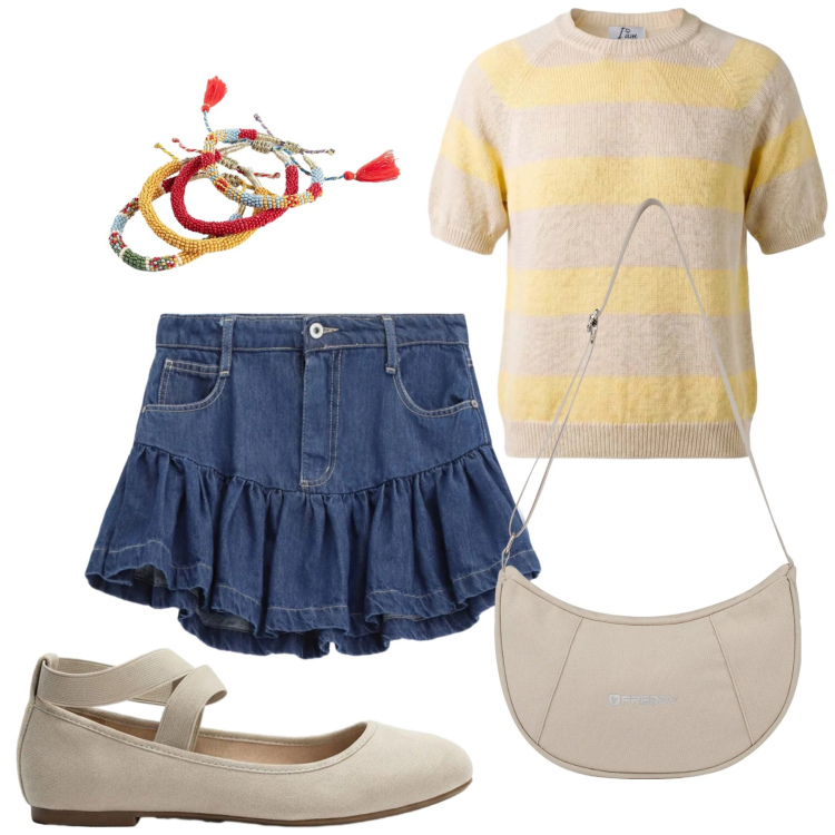 Outfit donna - Total look #2460688. Stile Romantica per Tutti i giorni. Abbinamento con ballerine, braccialetti, maglieria, minigonne, borse a spalla.