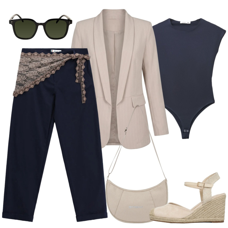 Outfit donna - I jeans ed il blazer. Stile Casual chic per Scuola/Università. Abbinamento con top, zeppe, pantaloni, borse a spalla, occhiali da sole, blazer.