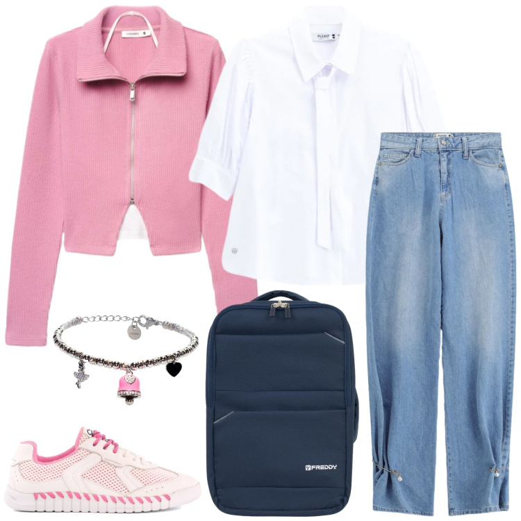 Outfit donna - Total look #2460702. Stile Preppy per Scuola/Università. Abbinamento con felpe, braccialetti, zaini, jeans, camicie, sneakers.