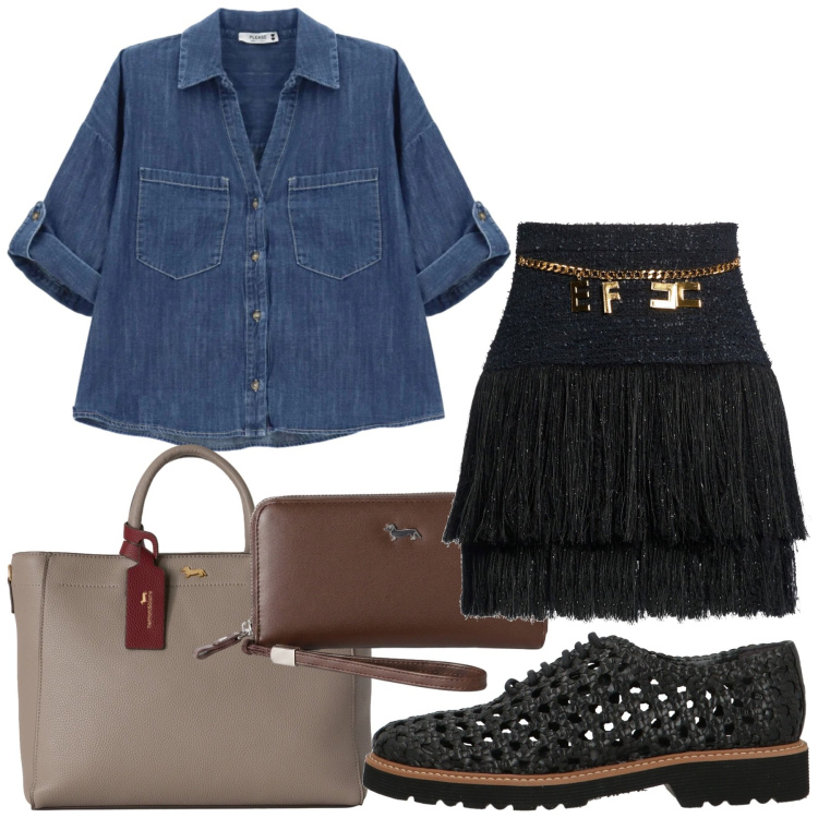 Outfit donna - Total look #2460704. Stile Trendy per Serata fuori. Abbinamento con minigonne, scarpe stringate, portafogli, borse a mano, camicie.