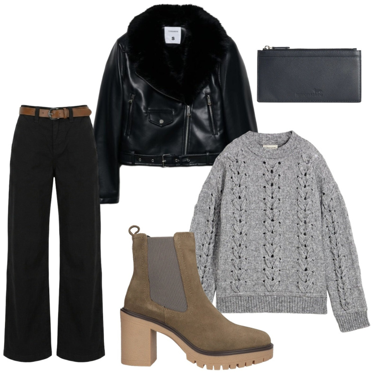 Outfit donna - Pull minimal. Stile Casual per Tutti i giorni. Abbinamento con stivaletti chelsea, maglieria, portafogli, blazer, pantaloni.