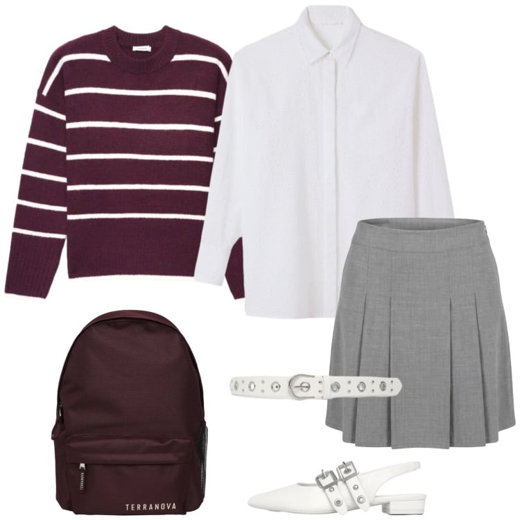 Outfit donna - Total look #2460708. Stile Preppy per Scuola/Università. Abbinamento con pullovers, zaini, ballerine, camicie, cinture, minigonne.
