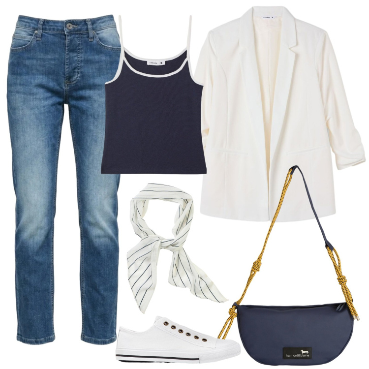 Outfit donna - Jeans, canotta, blazer e sneakers. Stile Casual per Tutti i giorni. Abbinamento con sneakers, foulard, borse a tracolla, canottiere, blazer, jeans.