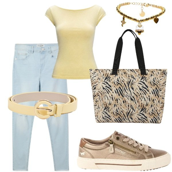 Outfit donna - Passeggiando per la città. Stile Casual per Tutti i giorni. Abbinamento con sneakers, jeans strappati, cinture, top, shopping bag, braccialetti.