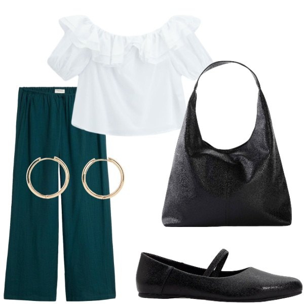 Outfit donna - Passeggiando per la città. Stile Casual per Tutti i giorni. Abbinamento con ballerine, shopping bag, orecchini, pantaloni, bluse.