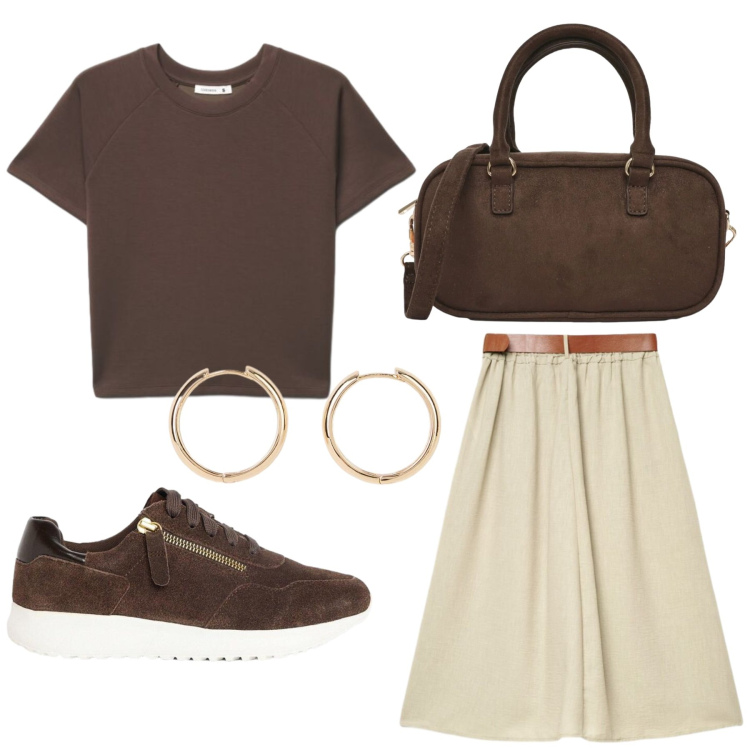 Outfit donna - Total look #2460719. Stile Romantica per Tutti i giorni. Abbinamento con orecchini, sneakers, gonne lunghe, t-shirt, borse a tracolla.
