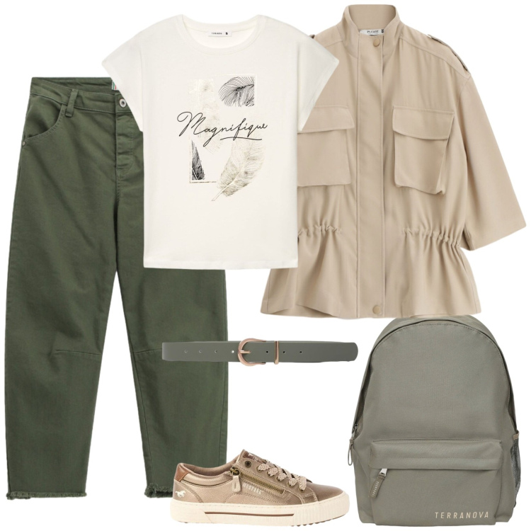 Outfit donna - Jeans verdi e giacca beige. Stile Casual per Tutti i giorni. Abbinamento con sneakers, t-shirt, zaini, cinture, pantaloni, parka.