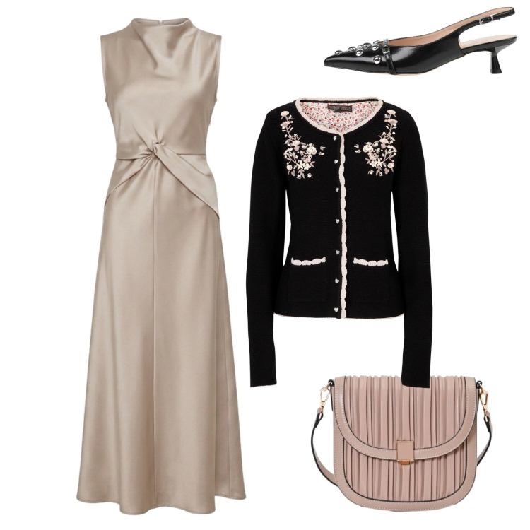 Outfit donna - La madrina. Stile Chic per Cerimonia. Abbinamento con décolleté, cardigans, vestiti midi/longuette, borse a tracolla.