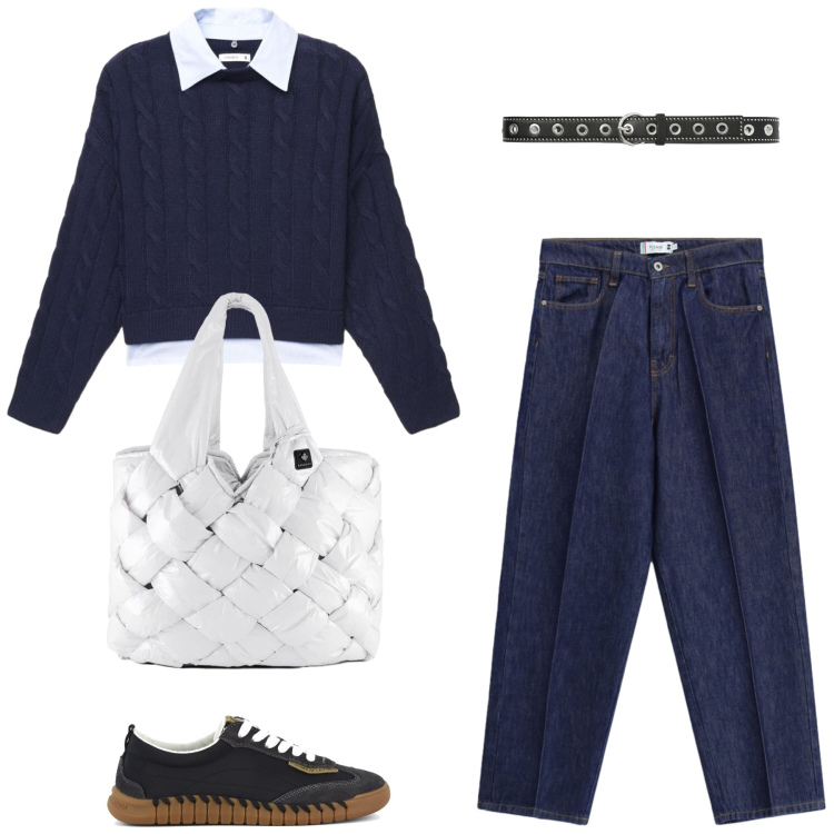 Outfit donna - Total look #2460732. Stile Preppy per Scuola/Università. Abbinamento con maglieria, cinture, jeans, borse tote, sneakers.