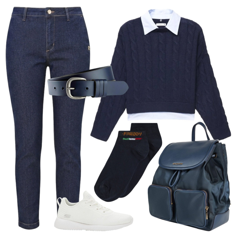 Outfit donna - Total Blue - English Style. Stile Casual per Tutti i giorni. Abbinamento con zaini, cinture, sneakers, maglieria, calzini, jeans slim fit.