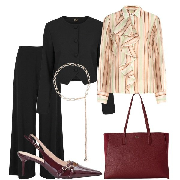Outfit donna - Particolari. Stile Glamour per Serata fuori. Abbinamento con shopping bag, pantaloni a palazzo, camicie, décolleté, cinture, blazer.
