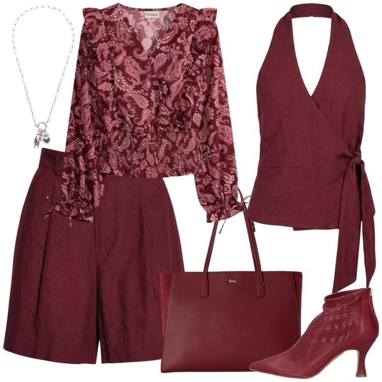 Outfit donna - La camicia a fantasia pasley. Stile Trendy per Ufficio. Abbinamento con stivaletti, bluse, shorts, shopping bag, top, ciondoli.